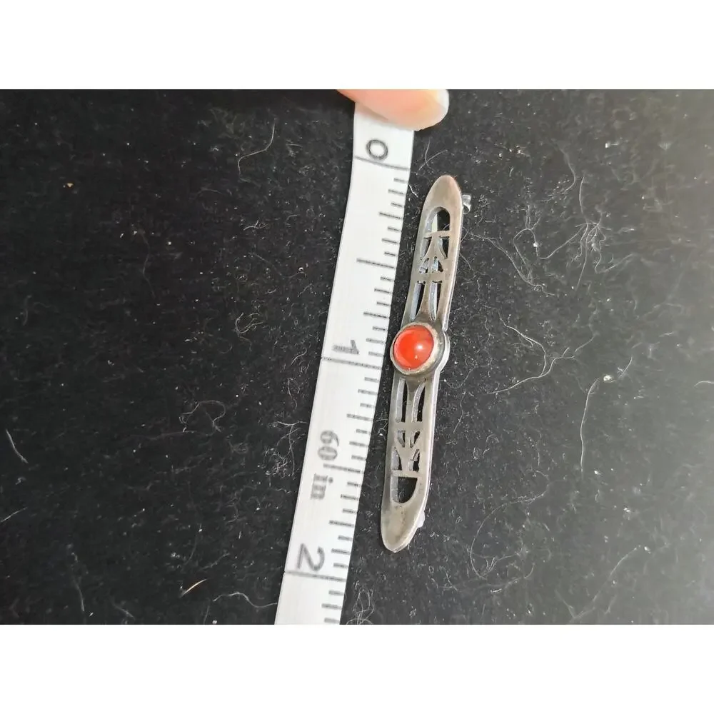 Vintage Sterling Silver Carnelian Arts & Crafts Openwork Bar Brooch Pin 925